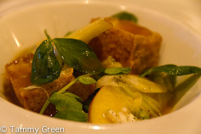 Crispy, Silken Tofu with Georgia Peaches, Red Curry & Pea Blossoms