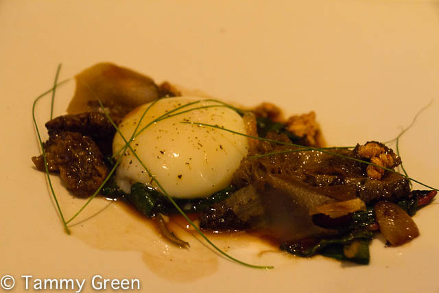 One-Hour Poached Hen’s Egg with Morel Mushrooms, Swiss Chard & Liquorice
