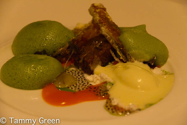 Zucchini Cake & Blossom with Whipped Basil & Saffron Reduction